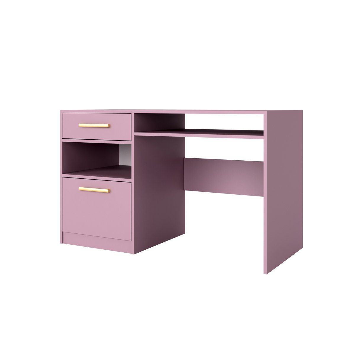 Biurko młodzieżowe z szufladą półkami i złotymi uchwytami BALL II / śliwka/róż