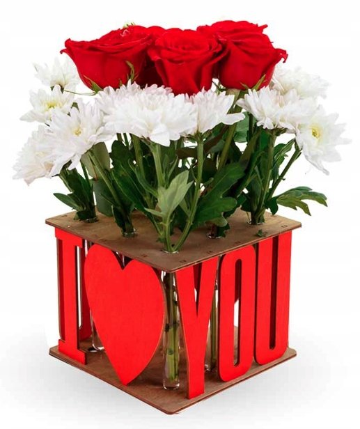 DREWNIANE PUZZLE 3D WAZON DEKORACYJNY KOCHAM CIĘ LOVE Z KWIATAMI ZESTAW DIY