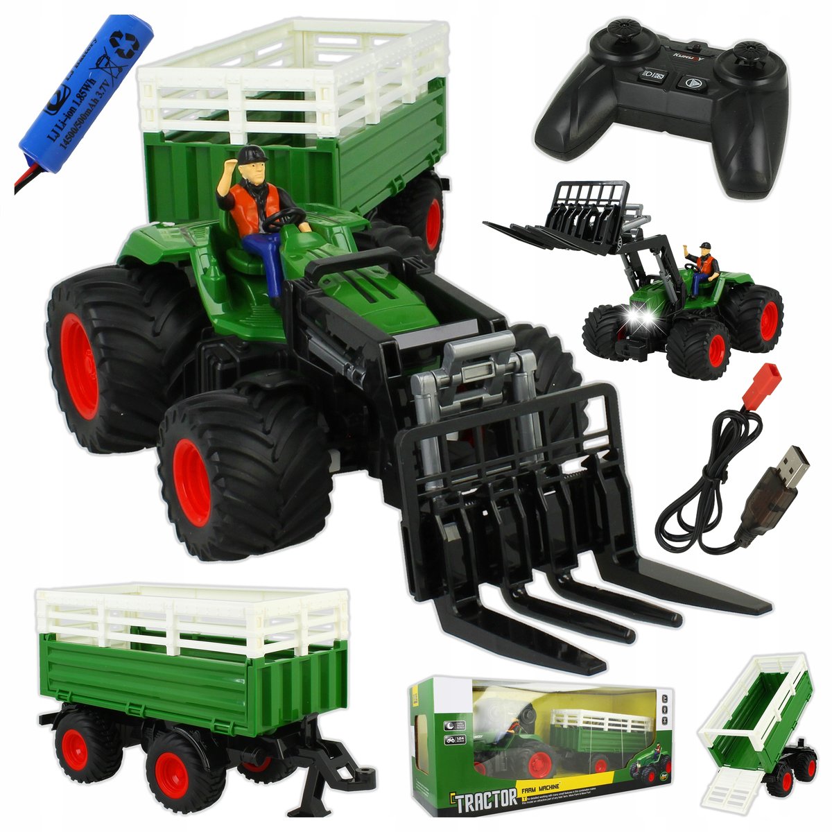 TRAKTOR ZDALNIE STEROWANY RUCHOMY WIDLAK DO SIANA OŚWIETLENIE + PRZYCZEPA