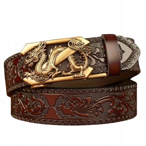 Pas pasek SKÓRZANY AUTOMATYCZNY PRAWDZIWA SKÓRA złota klamra SMOK 120 cm