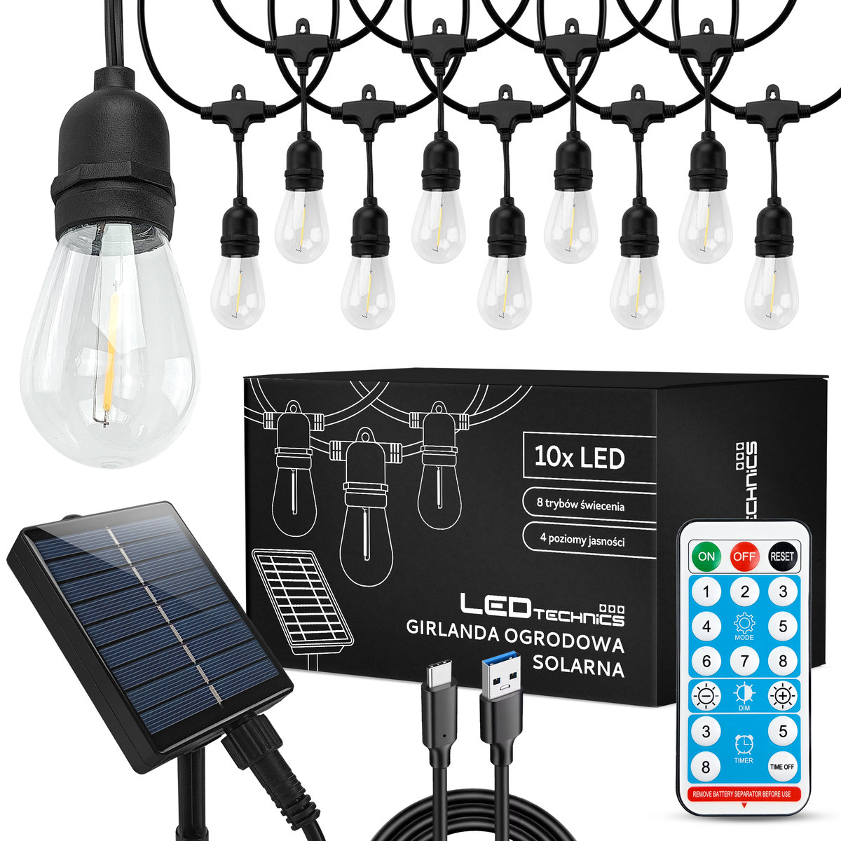 GIRLANDA SOLARNA OGRODOWA ZEWNĘTRZNA 10m 10x żarówka LED LAMPKI + pilot