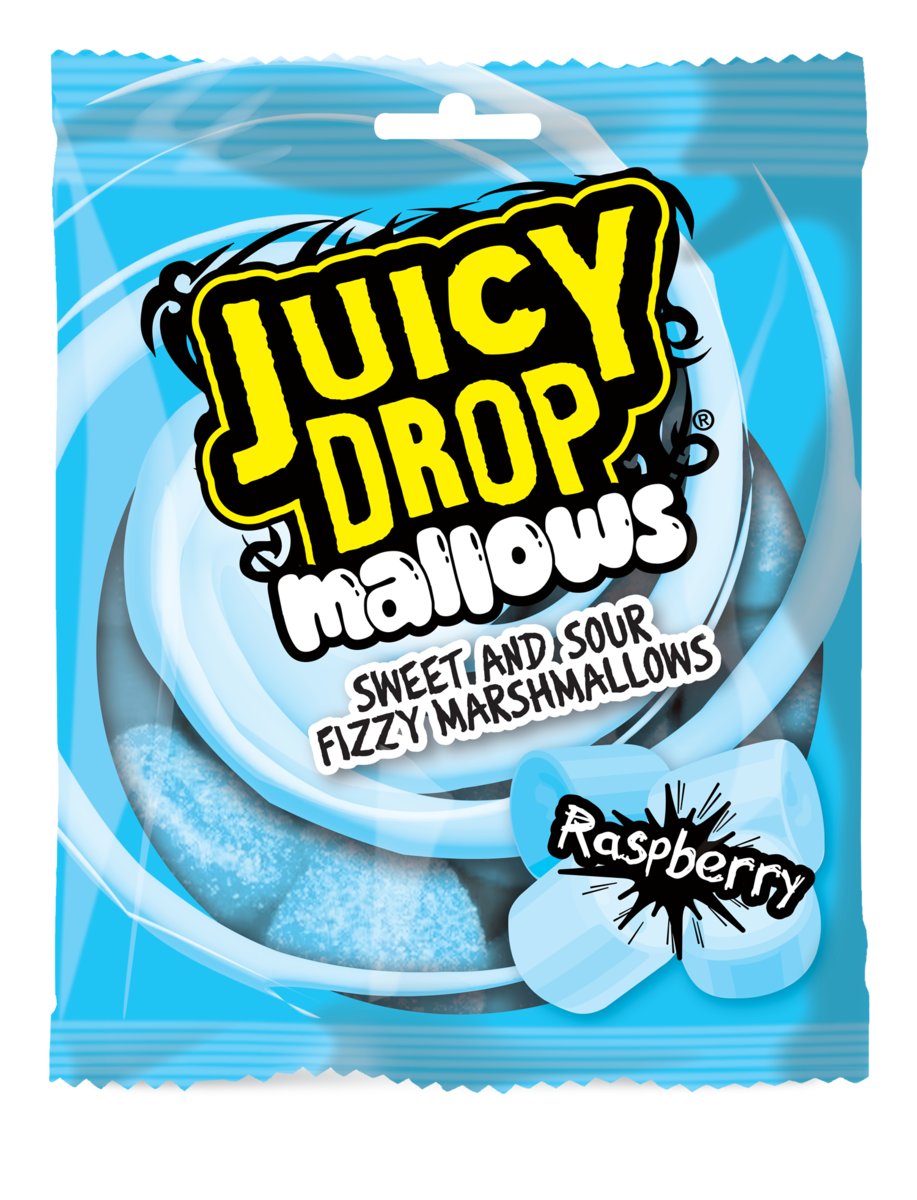 JUICY DROP MALLOWS RASPBERRY MALINOWE PIANKI W KWAŚNEJ MUSUJĄCEJ POSYPCE 100G