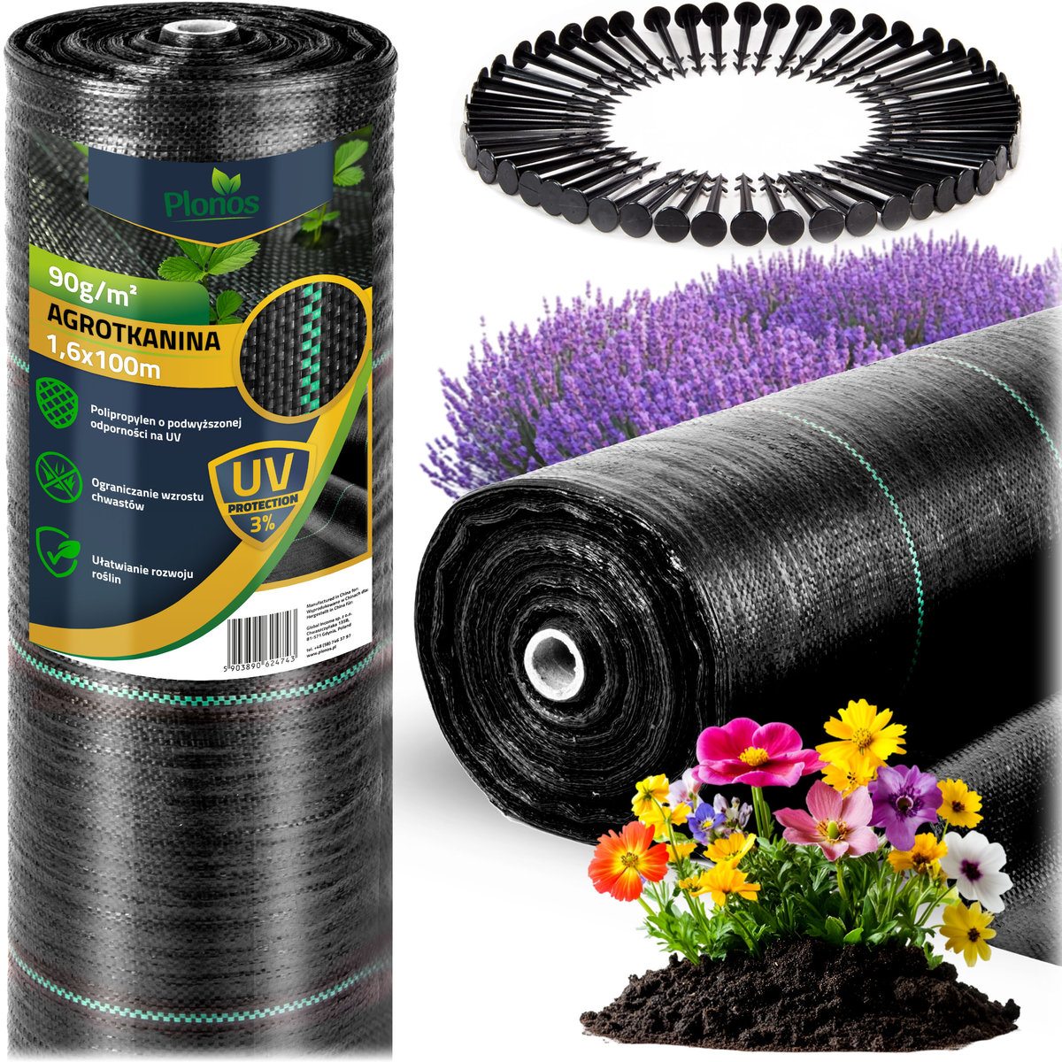 Agrotkanina ogrodowa 90 g na chwasty UV czarna Plonos 1,6 m x 100 m + 100 szpilek