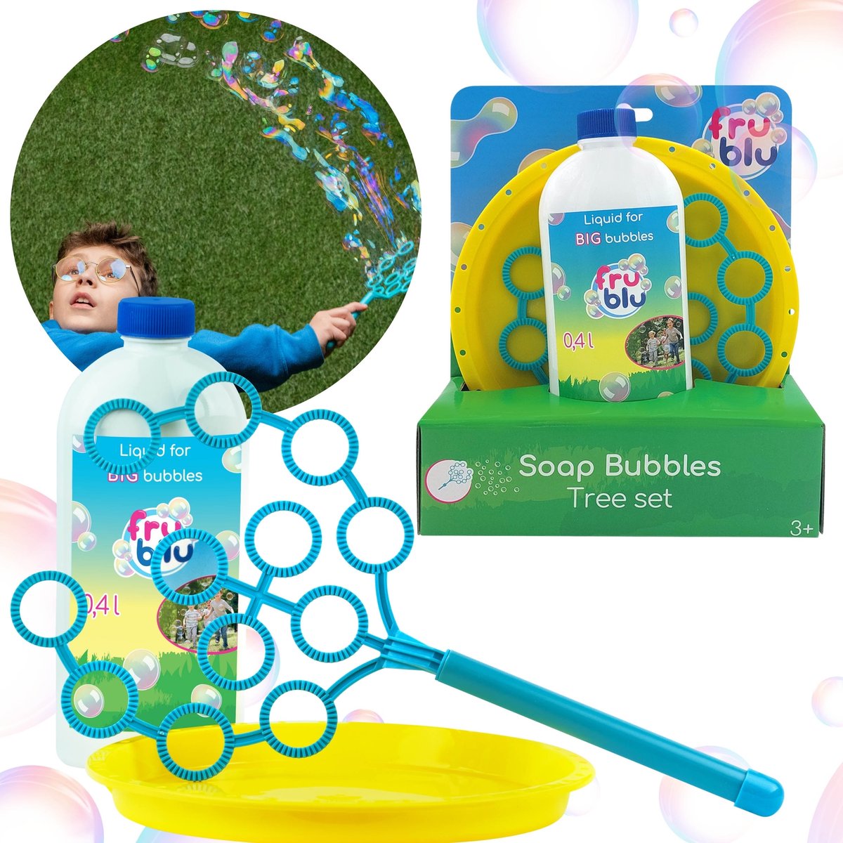 Zestaw do robienia baniek mydlanych z drzewkiem/obręczą + płyn 400 ml