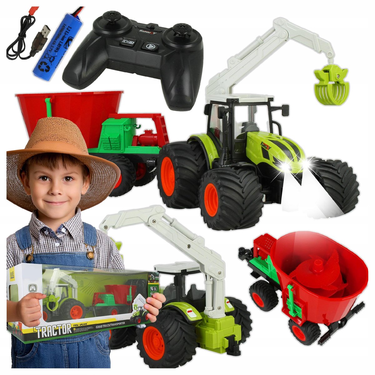 ZDALNIE STEROWANY TRAKTOR CIĄGNIK RC NA PILOTA 1:24 Z ROZSIEWACZEM ŚWIATŁA