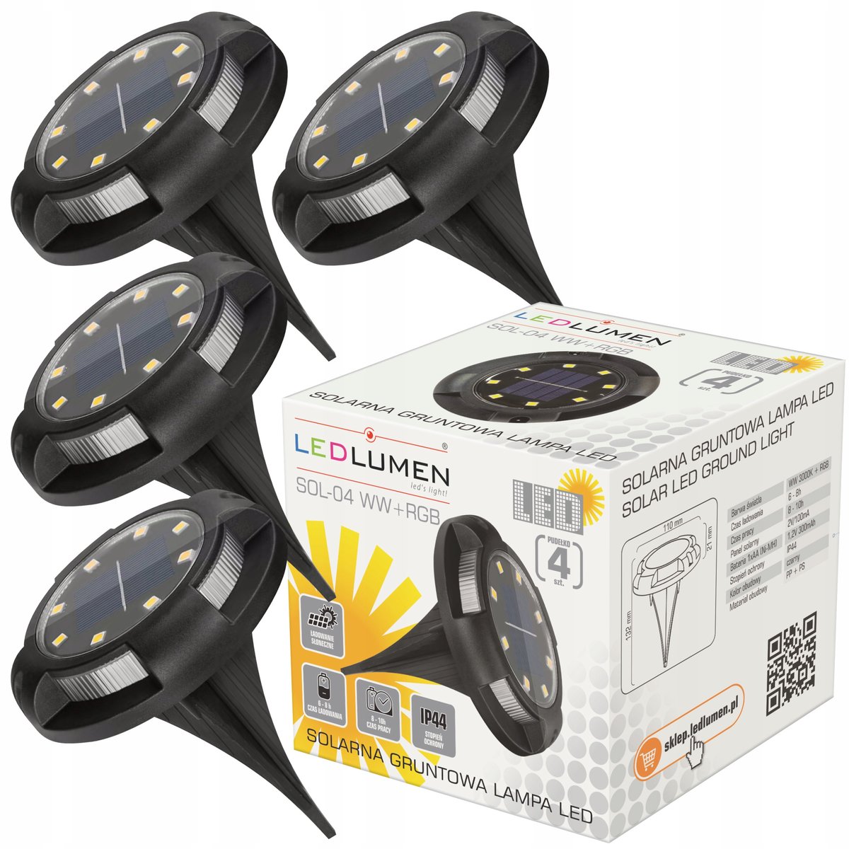 4x LAMPA SOLARNA OGRODOWA WBIJANA LED GRUNTOWA DYSK CZUJNIK ZMIERZCHU