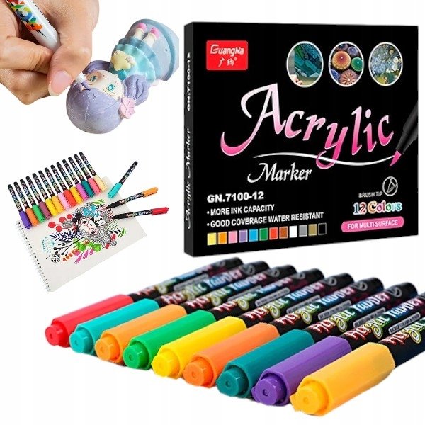 MARKERY PISAKI AKRYLOWE DO KAMIENI 12 SZTUK Flamastry Mazaki NA BAZIE WODY