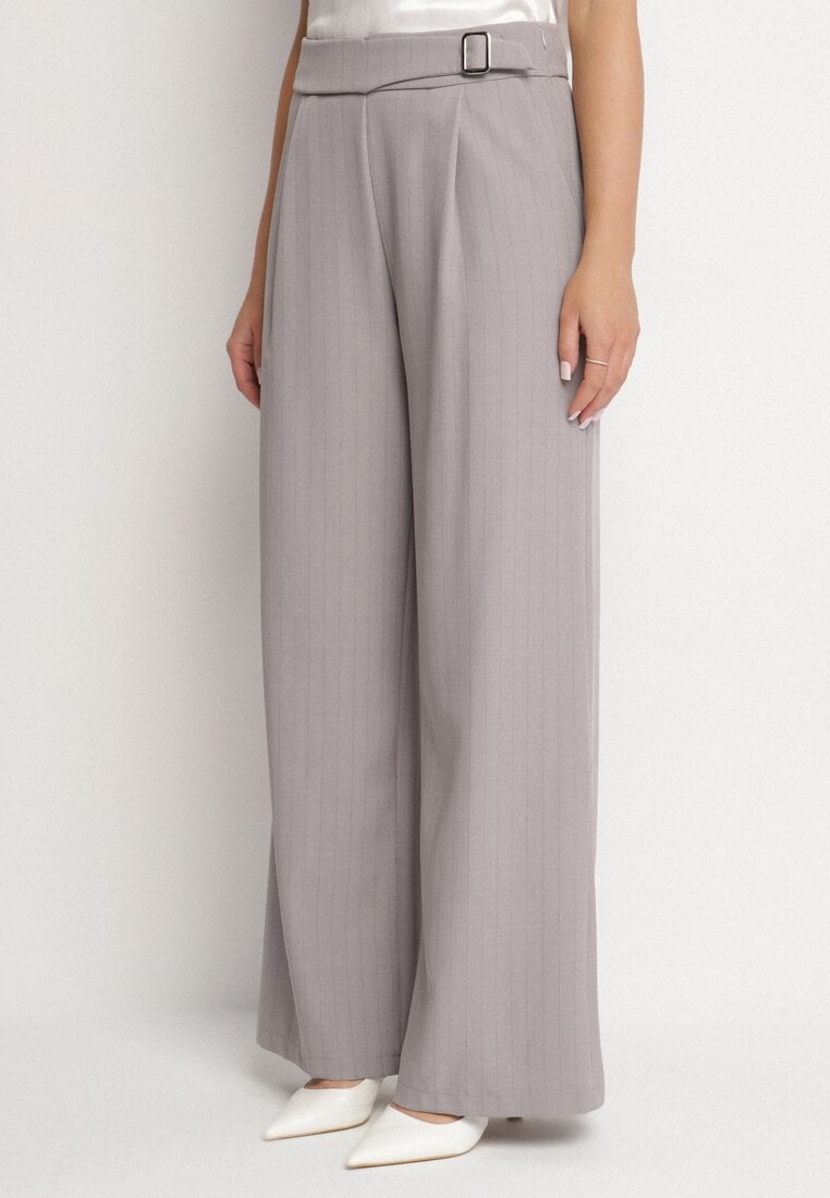Szare Garniturowe Spodnie Szerokie z Wiskozą i Paskiem Ellifira