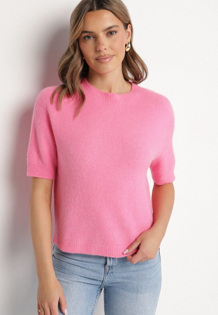 Różowy Sweter z Wełną z Krótkim Rękawem Dannoria