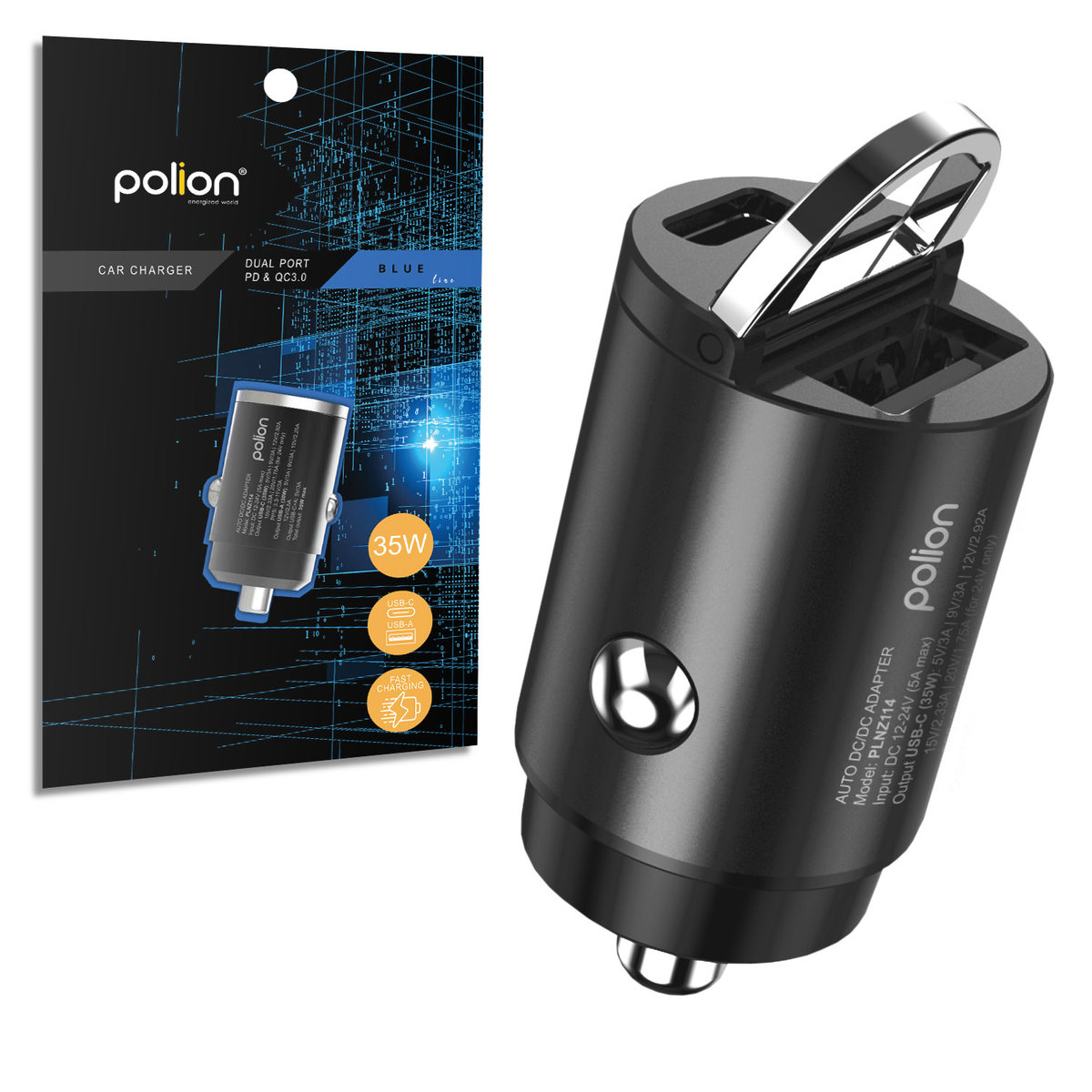 Mała szybka ładowarka samochodowa POLION USB-A USB-C 35W QC3.0 PD 3A