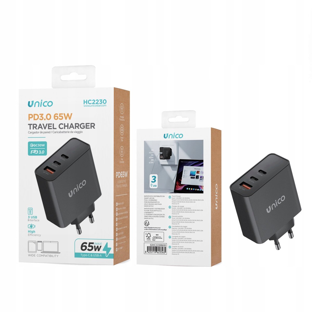 ŁADOWARKA SIECIOWA SZYBKA 65W 2 x USB-C +USB PD QC 3.0 MOCNA UNIWERSALNA