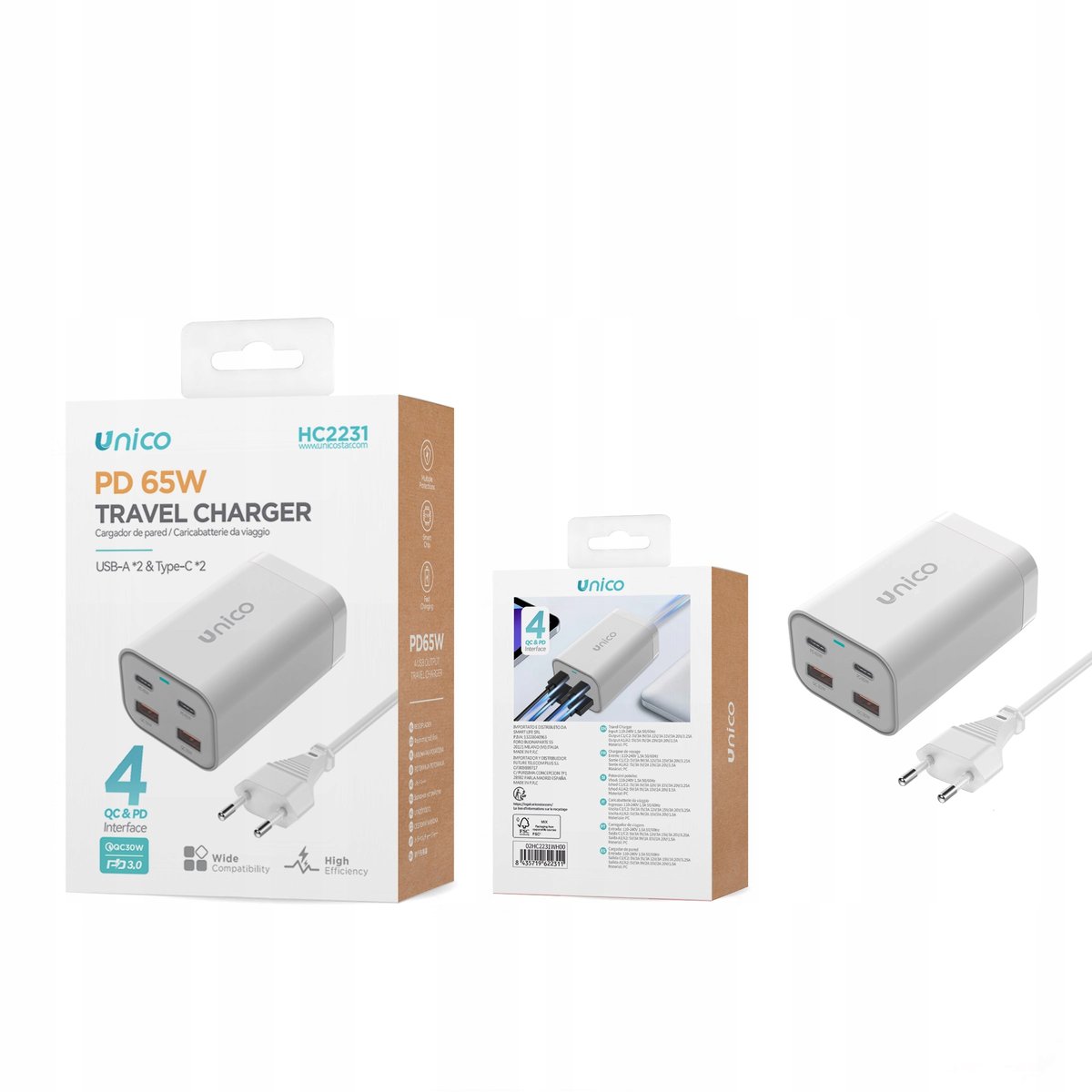 Ładowarka Sieciowa Zasilacz 65W Kostka 2xUSB-C 2xUSB-A