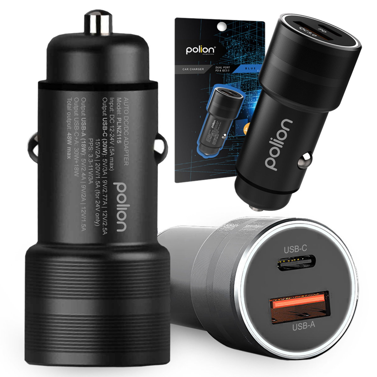 Szybka ładowarka samochodowa POLION USB-A USB-C 48W QC3.0 PD 3A