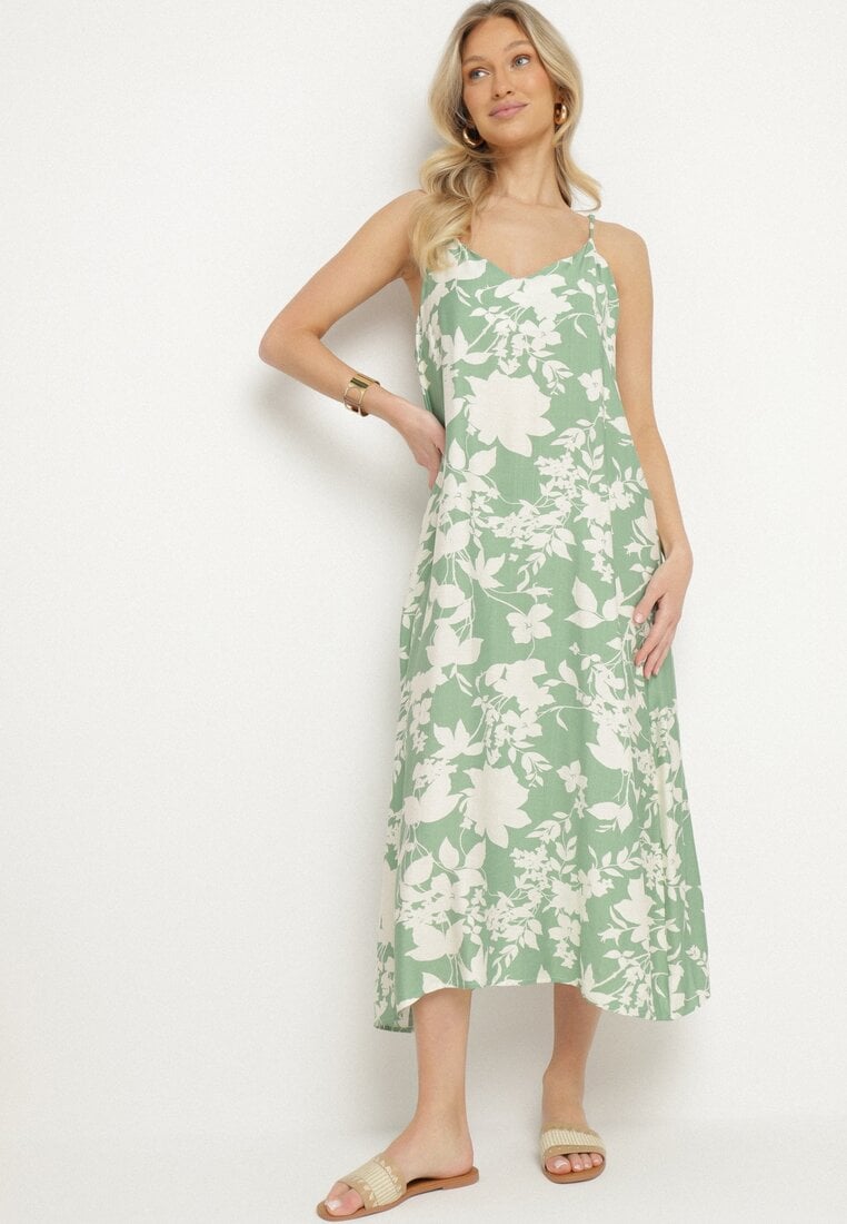 Zielono-Kremowa Rozkloszowana Sukienka z Wiskozą w Kwiatowy Wzór Juliade