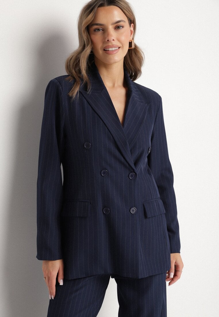 Granatowa Marynarka Dwurzędowa z Wiskozą i Usztywnianymi Ramionami Elliovae