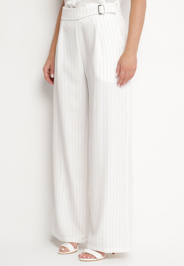 Białe Garniturowe Spodnie Szerokie z Wiskozą i Paskiem Ellifira
