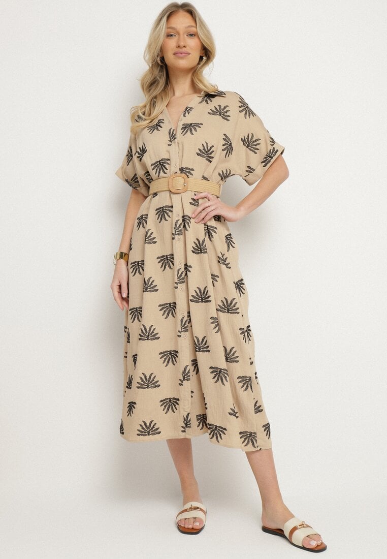 Beżowa Koszulowa Sukienka z Wiskozy Zdobiona Haftem z Elastycznym Paskiem Liovira