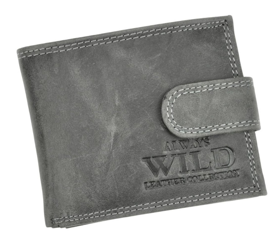 Portfel Męski Skórzany ALWAYS WILD Skóra Licowa Mały Poziomy Z Zapięciem RFID N0035L-CHM/8724 CZARNY 10,5 x 9 x 2 [cm]