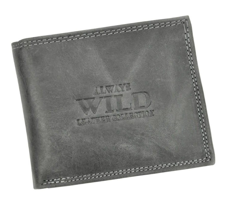 Portfel Męski Skórzany ALWAYS WILD Skóra Licowa Mały Poziomy RFID N0035-CHM/8694 CZARNY 10 x 9 x 2 [cm]