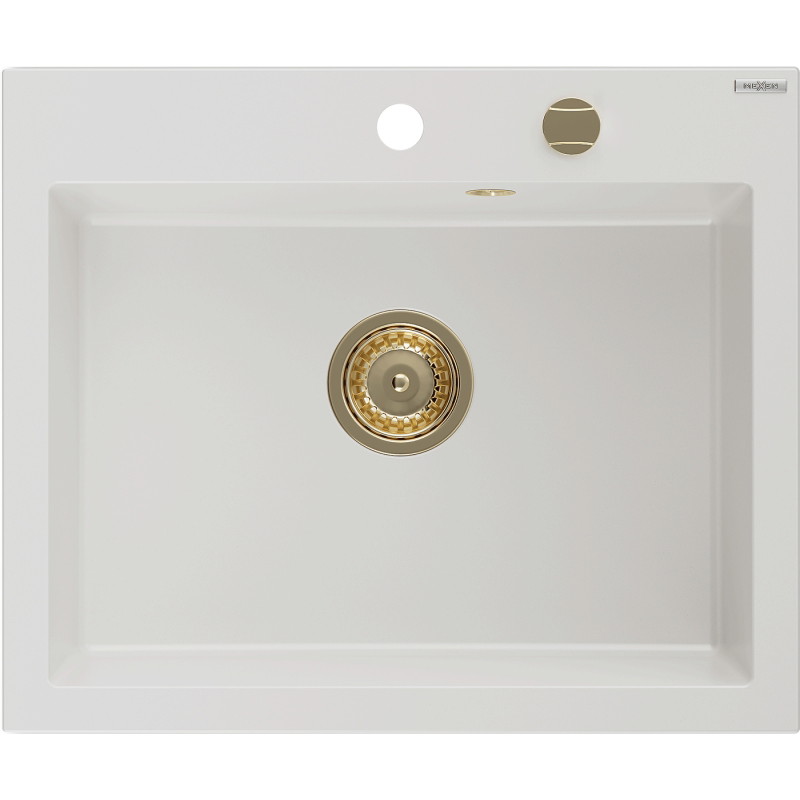 Mexen Elix zlewozmywak granitowy 1-komorowy 600 x 500 mm, biały, syfon złoty - 6525601005-20-G