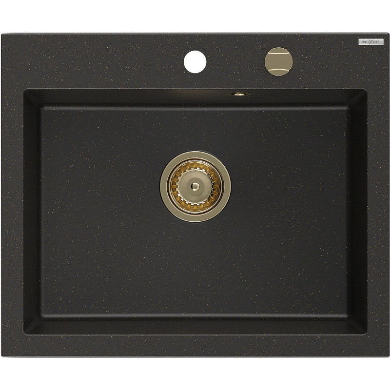 Mexen Elix zlewozmywak granitowy 1-komorowy 600 x 500 mm, czarny/złoty metalik, syfon złoty - 6525601005-75-G