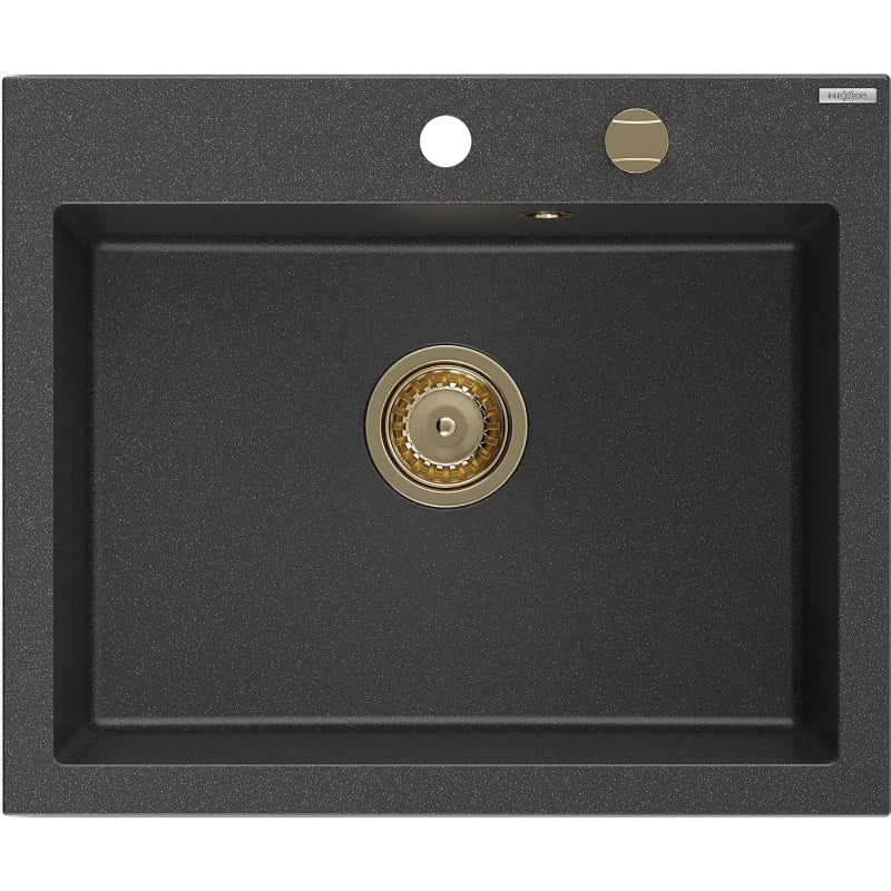 Mexen Elix zlewozmywak granitowy 1-komorowy 600 x 500 mm, czarny nakrapiany, syfon złoty - 6525601005-76-G