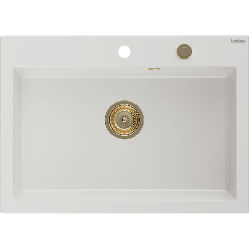 Mexen Elix zlewozmywak granitowy 1-komorowy 700 x 500 mm, biały, syfon złoty - 6526701005-20-G