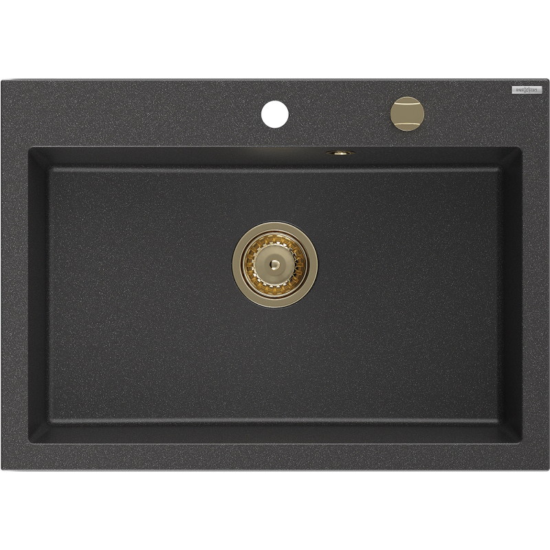 Mexen Elix zlewozmywak granitowy 1-komorowy 700 x 500 mm, czarny nakrapiany, syfon złoty - 6526701005-76-G
