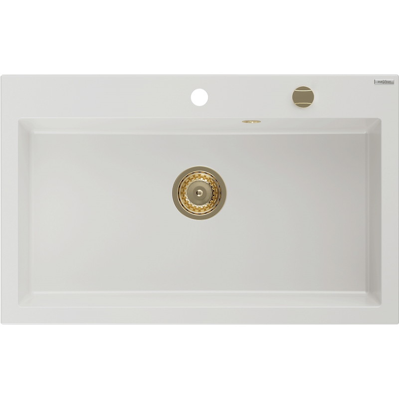Mexen Elix zlewozmywak granitowy 1-komorowy 800 x 500 mm, biały, syfon złoty - 6527801005-20-G