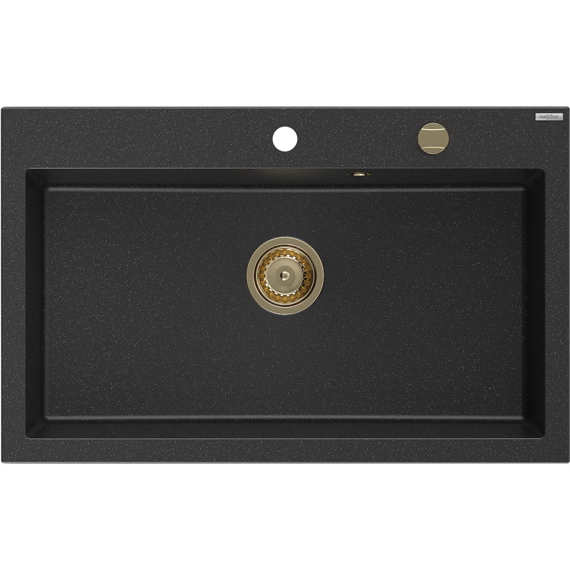 Mexen Elix zlewozmywak granitowy 1-komorowy 800 x 500 mm, czarny/srebrny metalik, syfon złoty - 6527801005-73-G