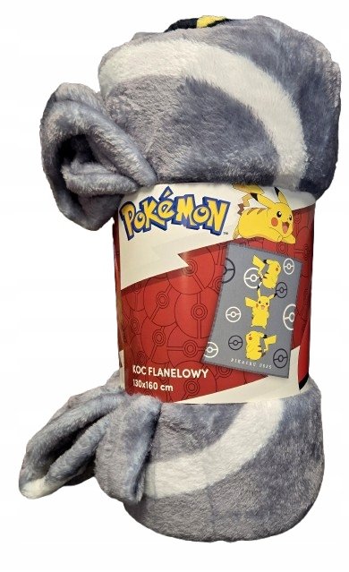 CARBOTEX Flanelowy koc kocyk dziecięcy POKEMON PIKACHU 130x160 cm SZARY 433