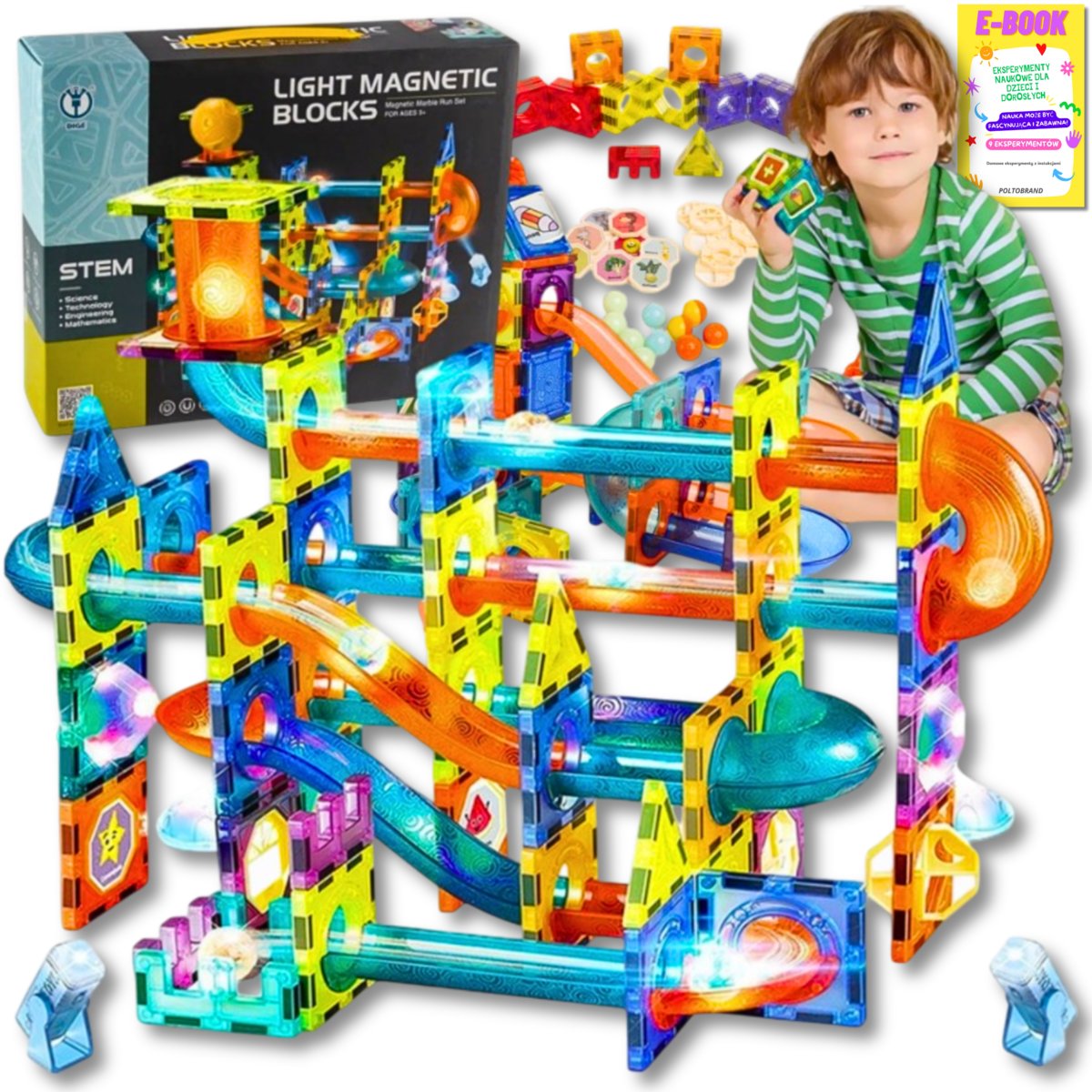 KLOCKI MAGNETYCZNE KONSTRUKCYJNE ŚWIECĄCE Kafelki Płytki Zestaw 110el Rainbow Magnetic tiles + EBOOK