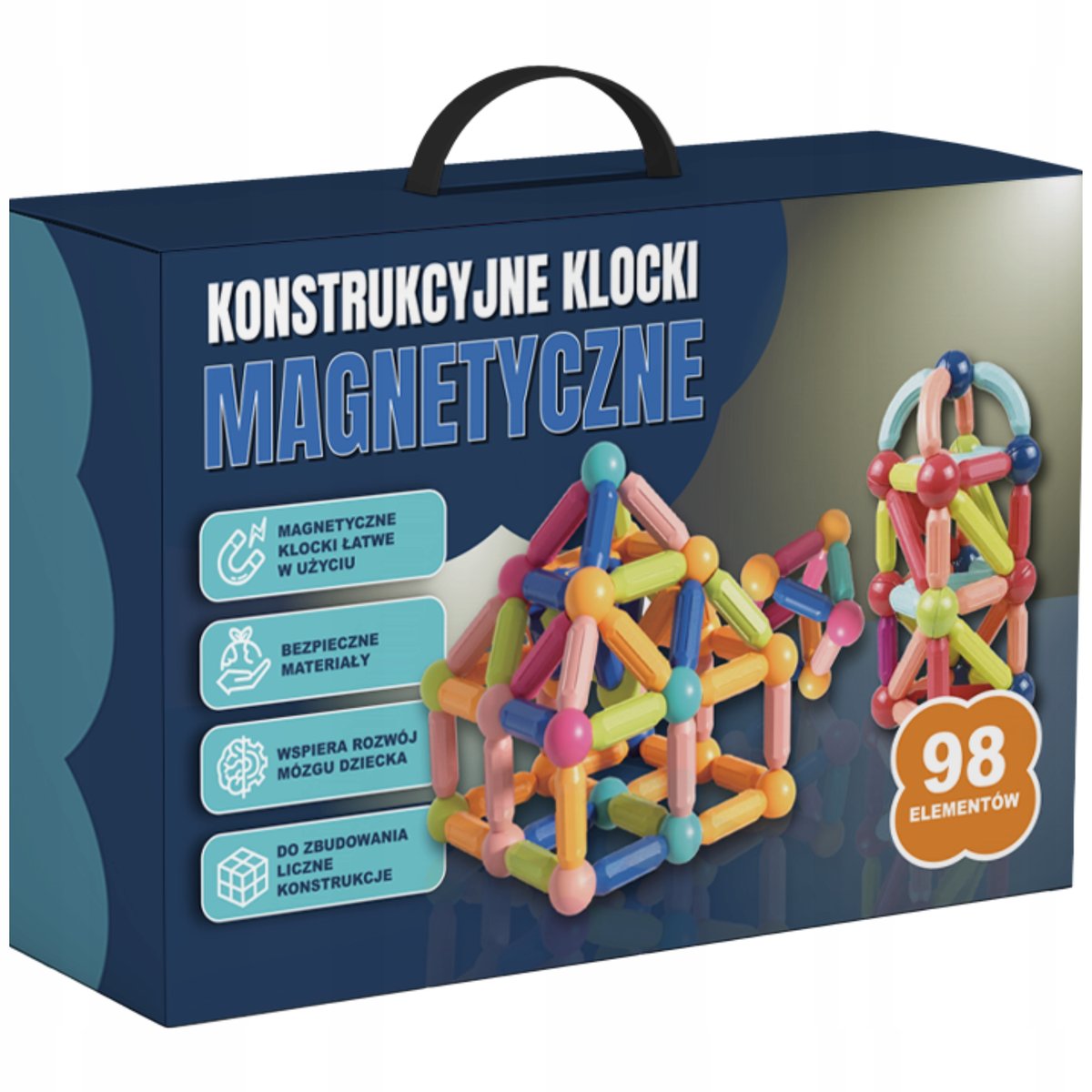 KLOCKI MAGNETYCZNE KONSTRUKCYJNE EDUKACYJNE DLA DZIECI DUŻE ELEMENTY 98 el