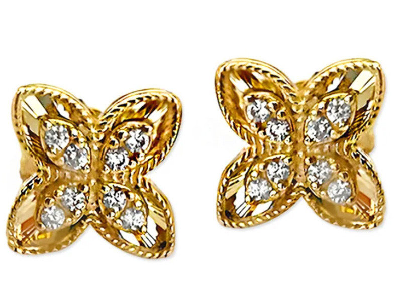 Złote kolczyki 585 delikatne kwiatuszki z cyrkoniami na sztyfcie