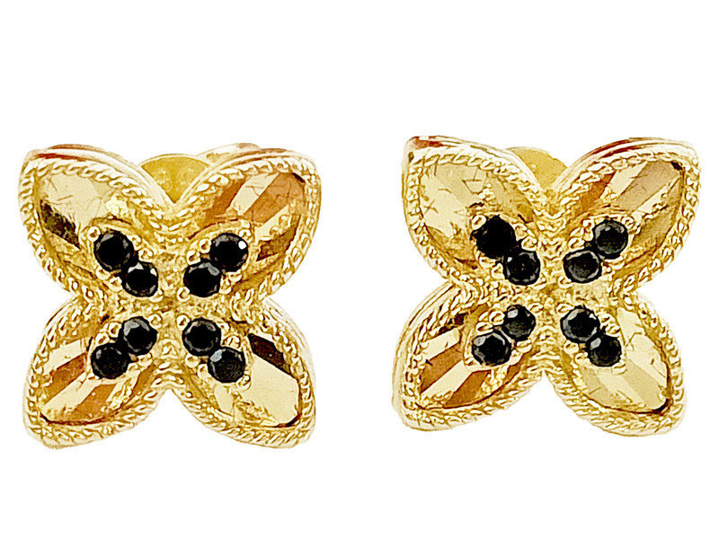 Złote kolczyki 585 kwiatuszki z czarnymi cyrkoniami na sztyfcie