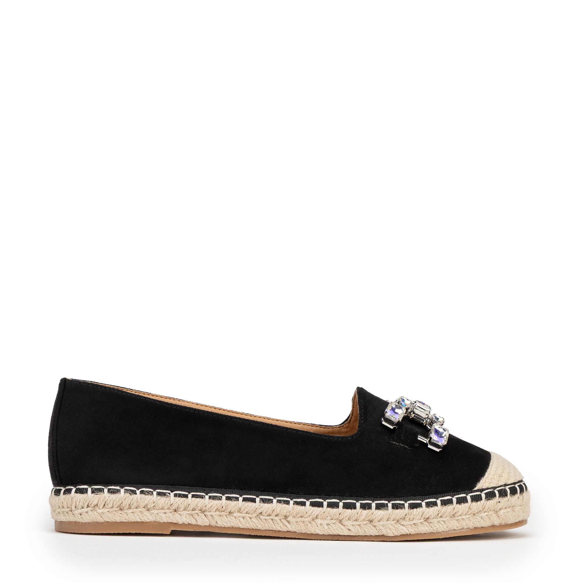 Damskie espadryle z biżuteryjną ozdobą czarno - beżowe