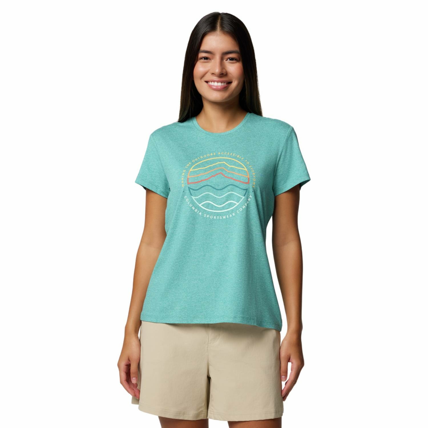 Damska koszulka szybkoschnąca Columbia Sloan Ridge Graphic SS Tee teal/find your trail - S