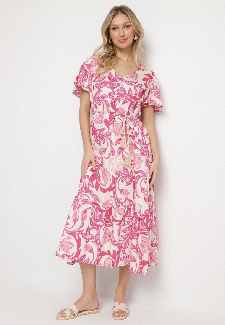 Różowa Pudełkowa Sukienka z Wiskozy w Kwiaty z Dekoltem w Serek Inisara