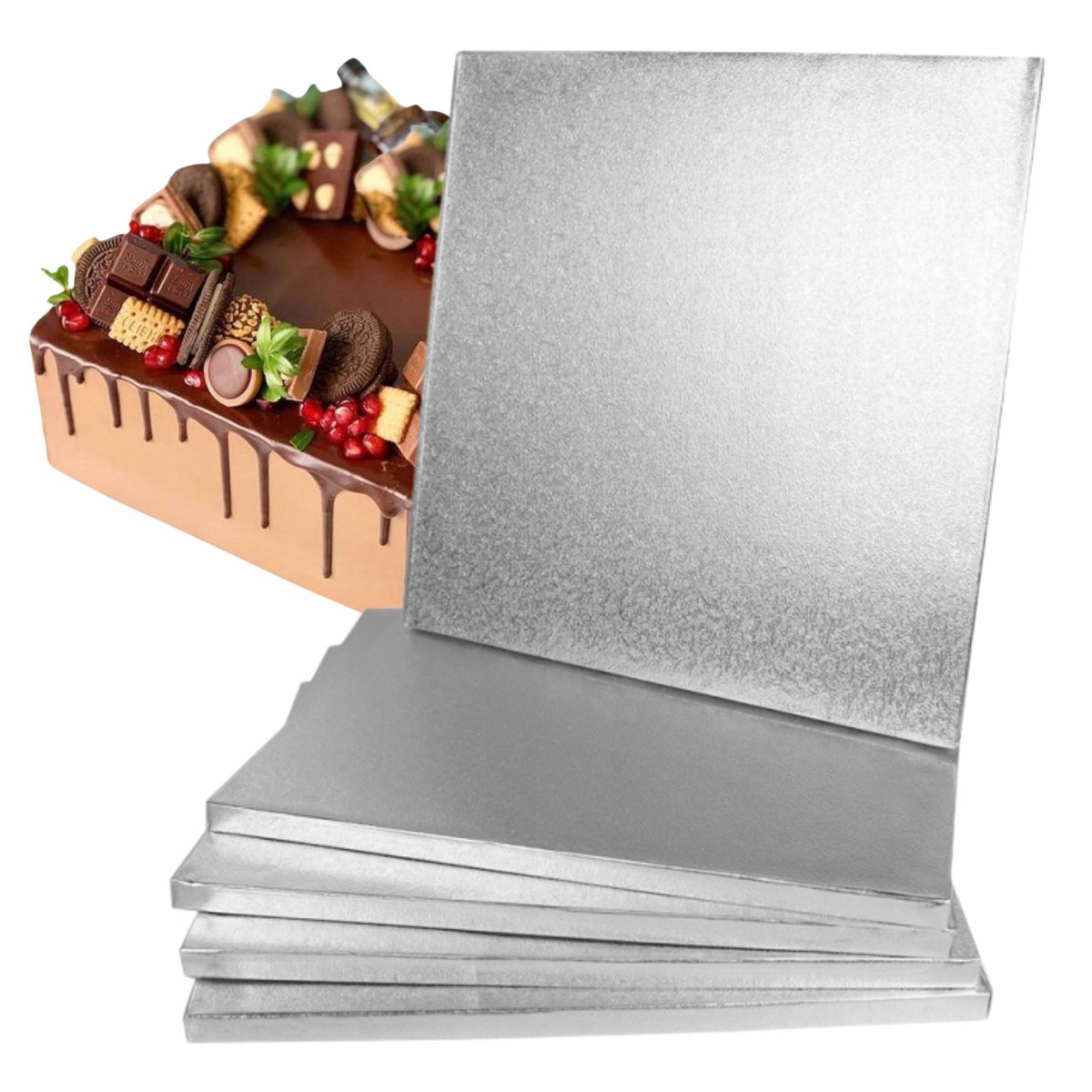 Podkład na tort ciasto KWADRATOWY SREBRNY 30x30cm 1,2 cm SOLIDNY MOCNY 5SZT
