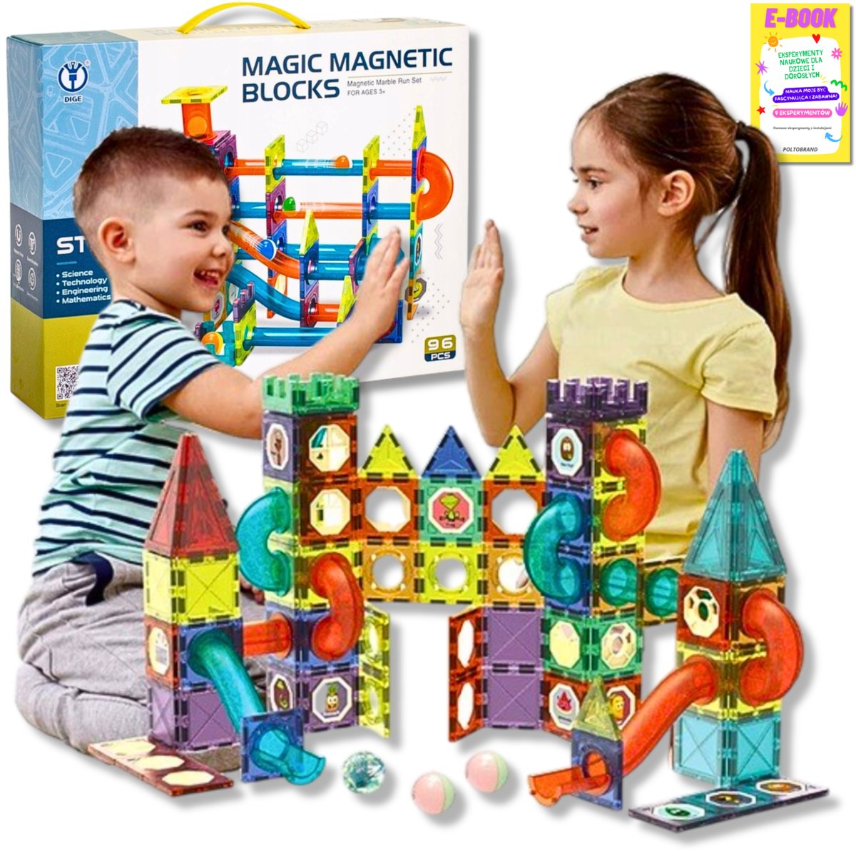 KLOCKI MAGNETYCZNE KONSTRUKCYJNE Kafelki Płytki Zestaw 96el Rainbow Magnetic tiles + EBOOK