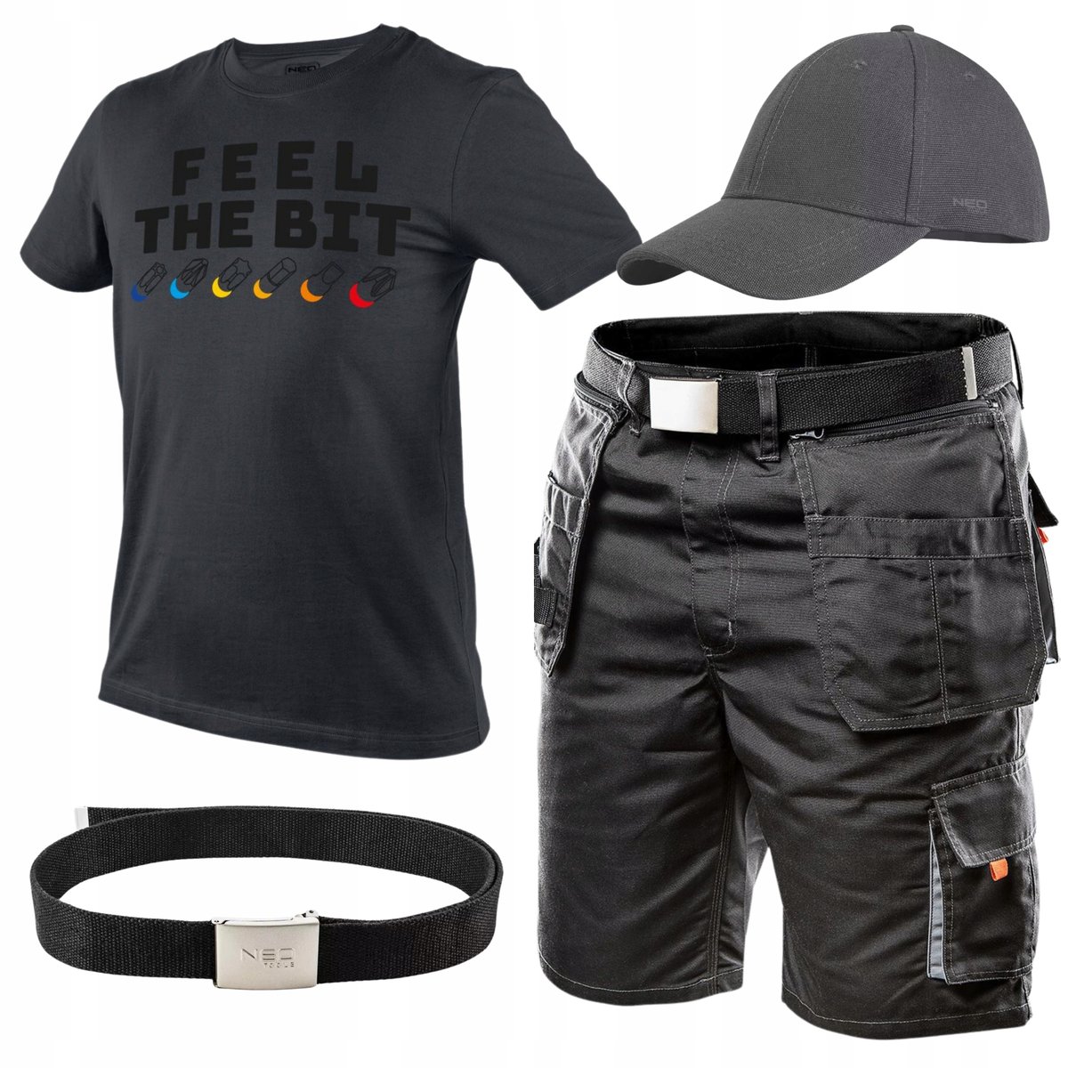 NEO Krótkie Spodenki Robocze Męskie + T-Shirt + Czapka Pasek Komplet Roz XL