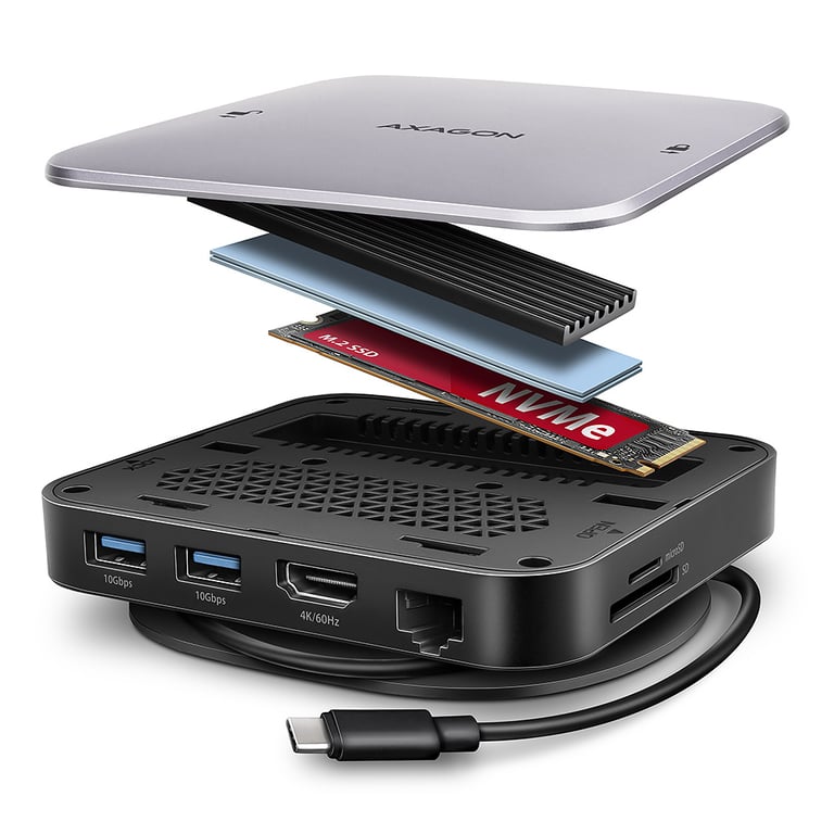 Axagon HMC-UFO USB-C Hub M.2 SATA/NVMe 1 Gbit/s Ethernet 384 kHz Audio Przewodowa USB 3.2 Gen 2 (3.1 Gen 2) Type-C Czarny