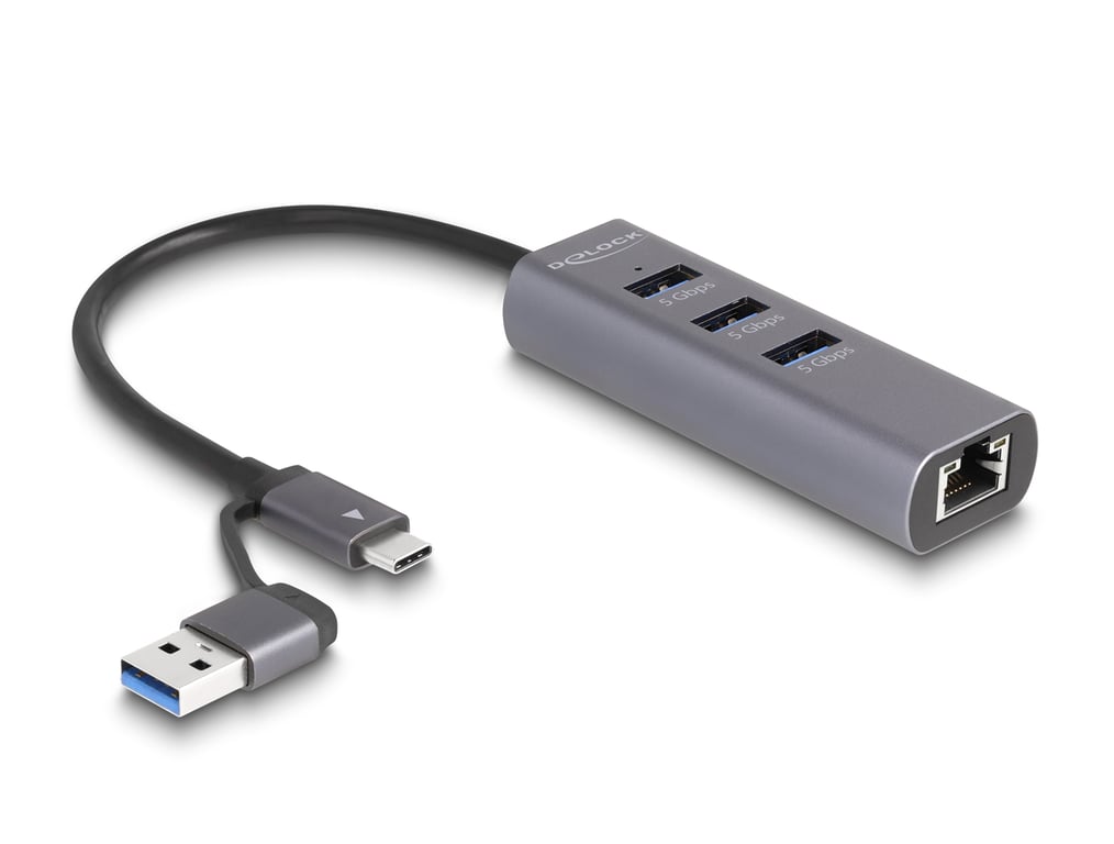DeLOCK 3-portowy koncentrator USB 5 Gbps + Gigabit LAN z Metalowym złączem USB Type-C lub USB Typ-A sprawa