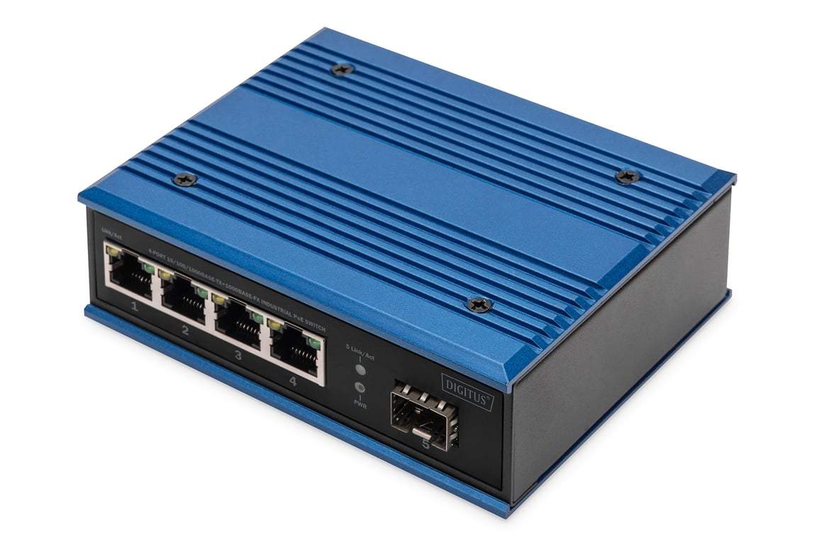 Digitus 4-portowy przełącznik sieciowy Gigabit Ethernet PoE, przemysłowy, niezarządzany, 1 łącze SFP