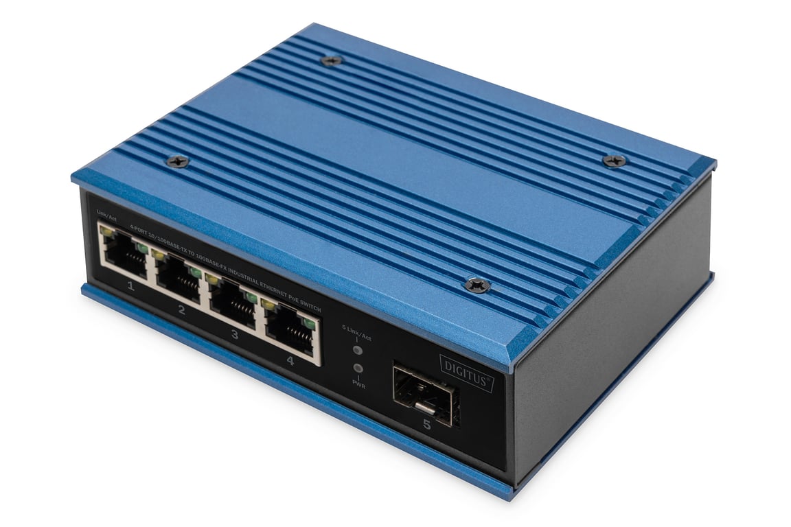 Digitus 4-portowy przełącznik sieciowy Fast Ethernet PoE, przemysłowy, niezarządzany, 1 łącze SFP