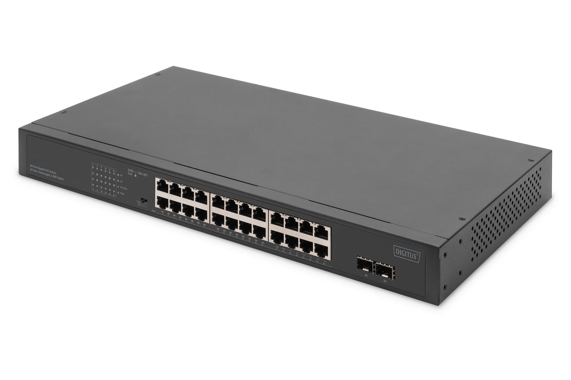 Digitus 24-portowy przełącznik sieciowy Gigabit, 19-calowy, niezarządzalny, 2 porty Uplink, SFP
