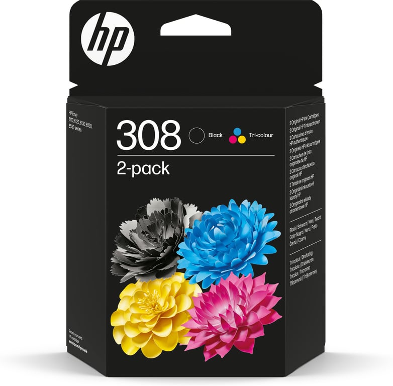 HP Podwójny zestaw trójkolorowych/czarnych tuszów 308