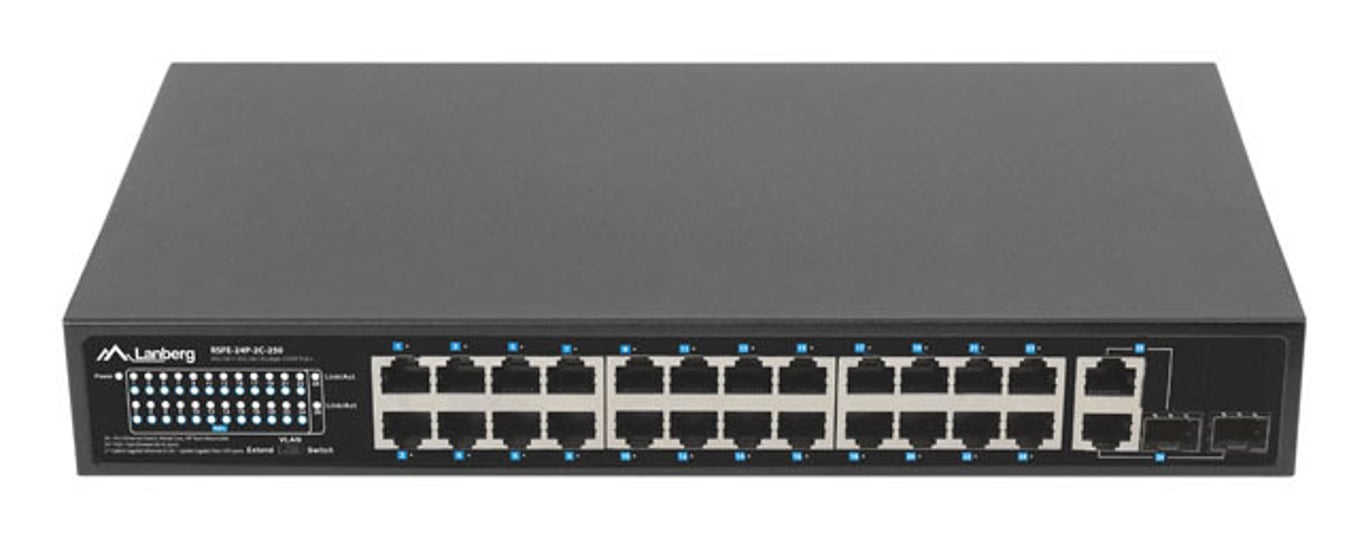 Lanberg RSFE-24P-2C-250 łącza sieciowe Nie zarządzany Gigabit Ethernet (10/100/1000) Obsługa PoE 1U Czarny