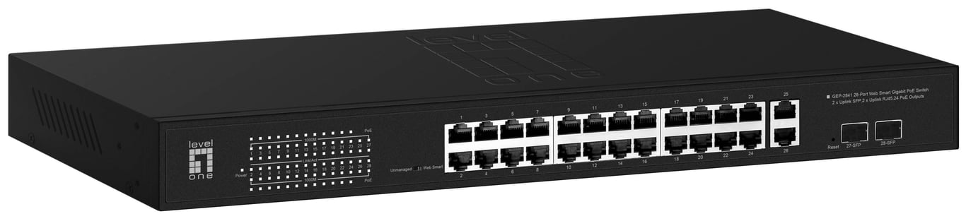 LevelOne GEP-2841 łącza sieciowe Zarządzany L2 Gigabit Ethernet (10/100/1000) Obsługa PoE 1U Czarny