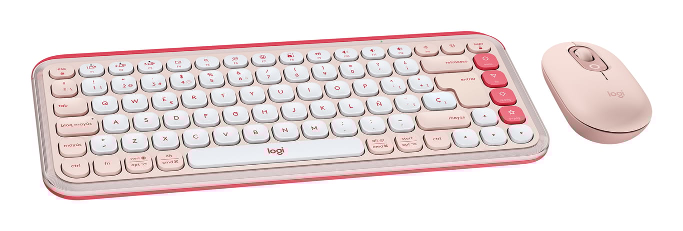 Logitech POP Icon Combo klawiatura Dołączona myszka Uniwersalne Bluetooth QWERTY Hiszpański Różowy, Biały